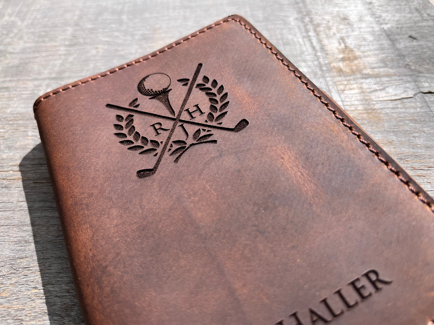 Refillable Golf Log Premium Leather Engraved.