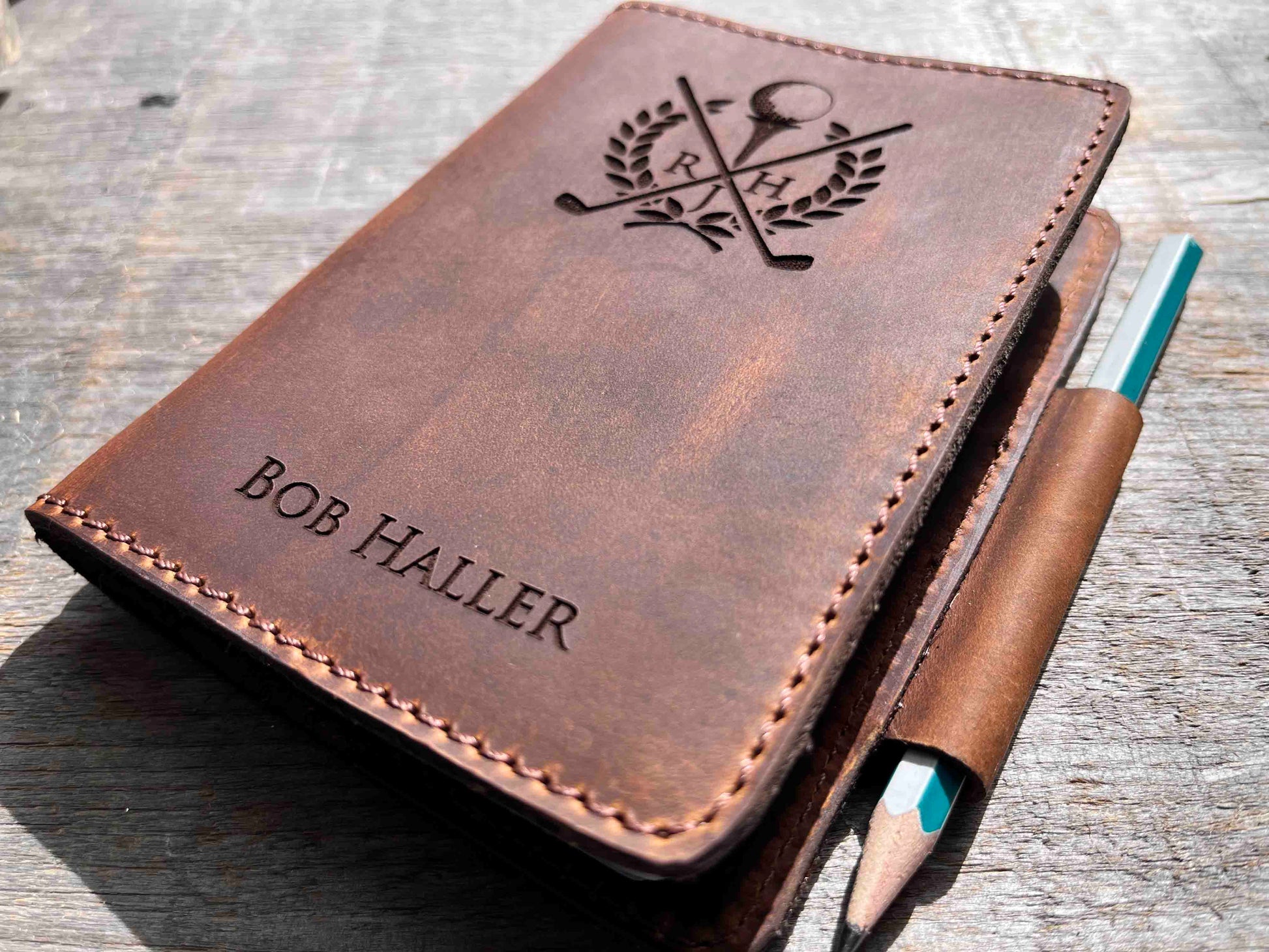 Refillable Golf Log Premium Leather Engraved.