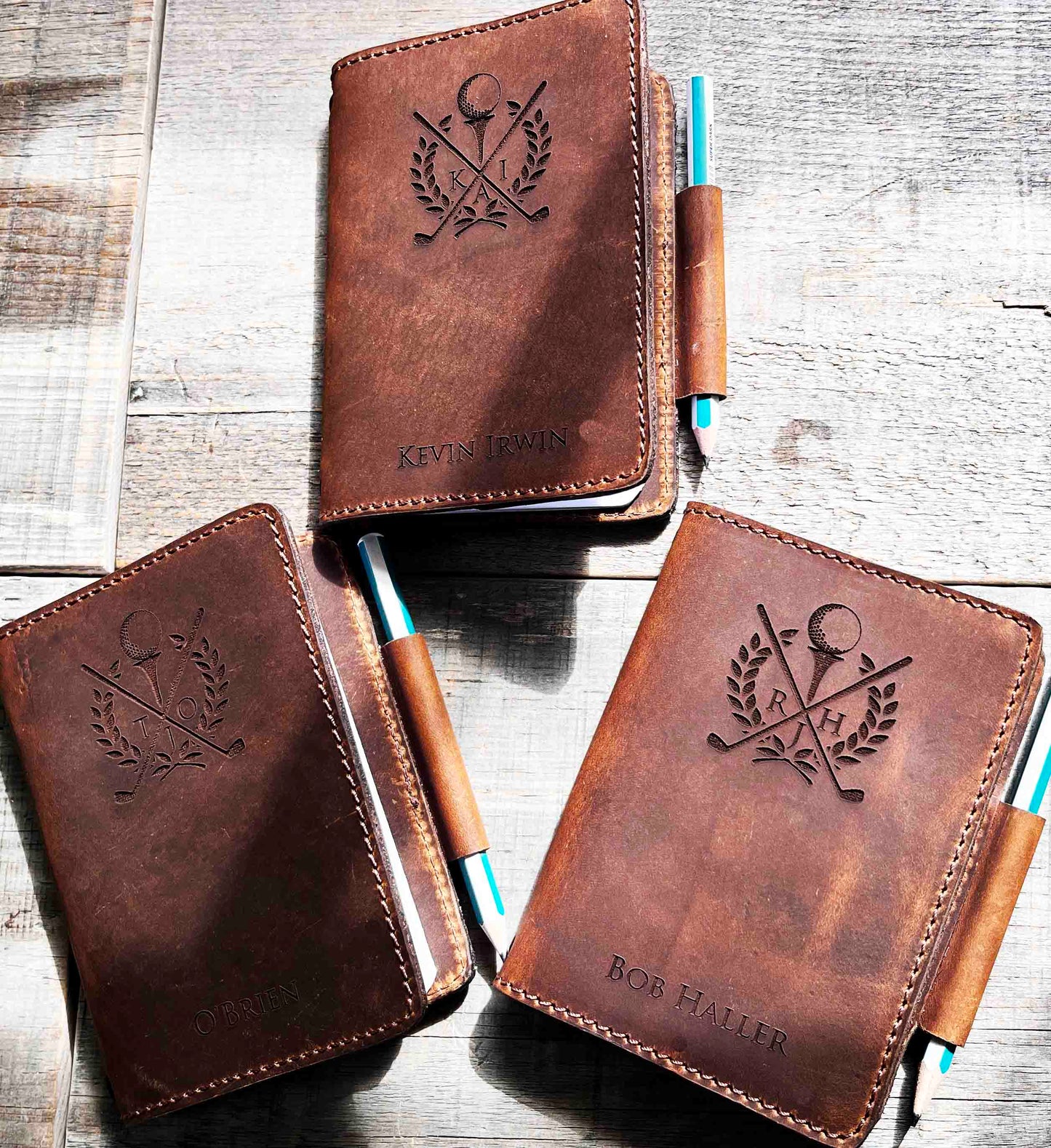 Refillable Golf Log Premium Leather Engraved.