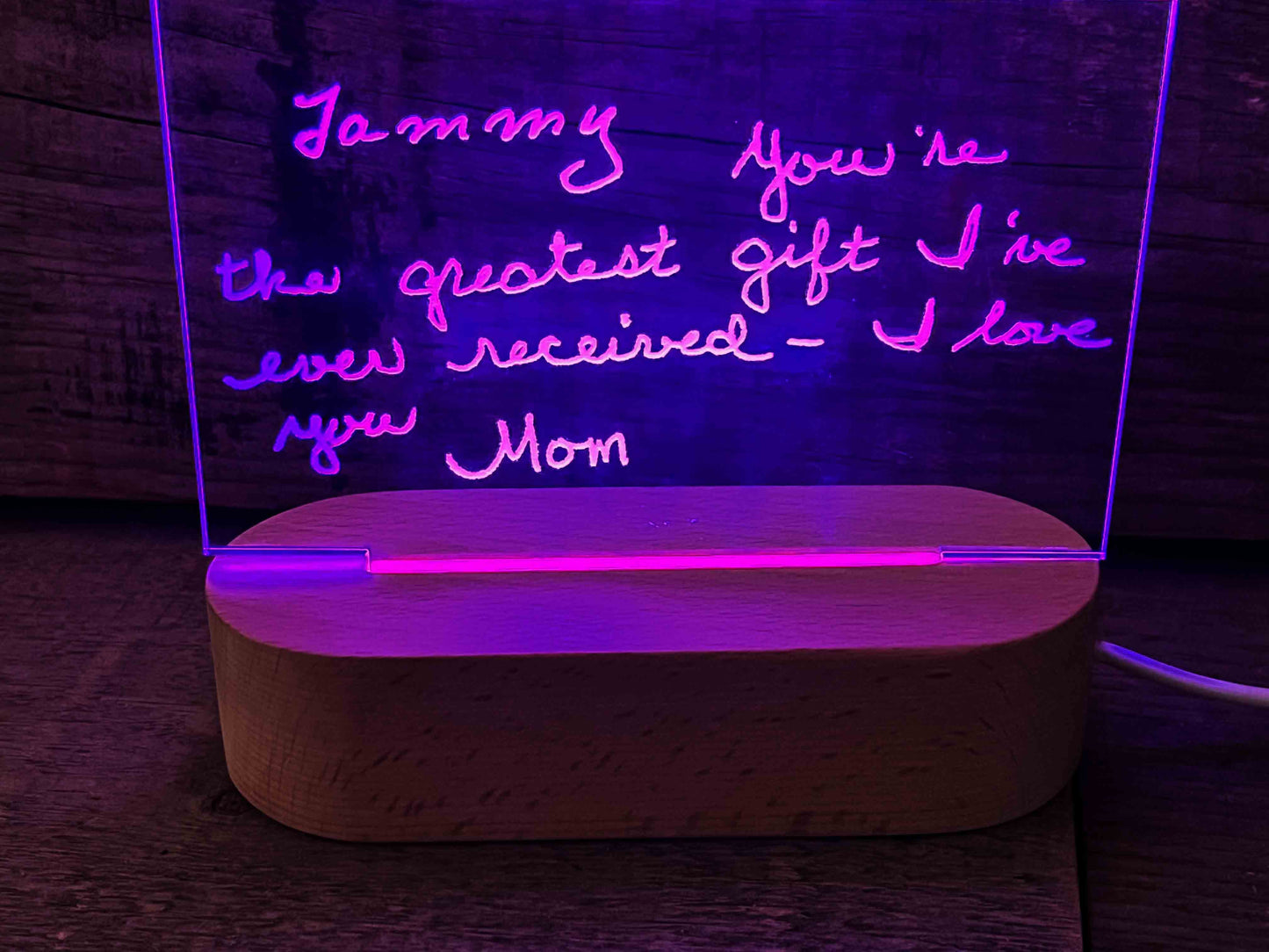 Handwriting engraved into LED Light Sign.