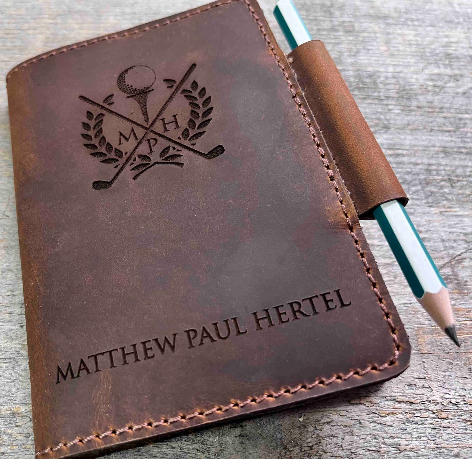 Refillable Golf Log Premium Leather Engraved.