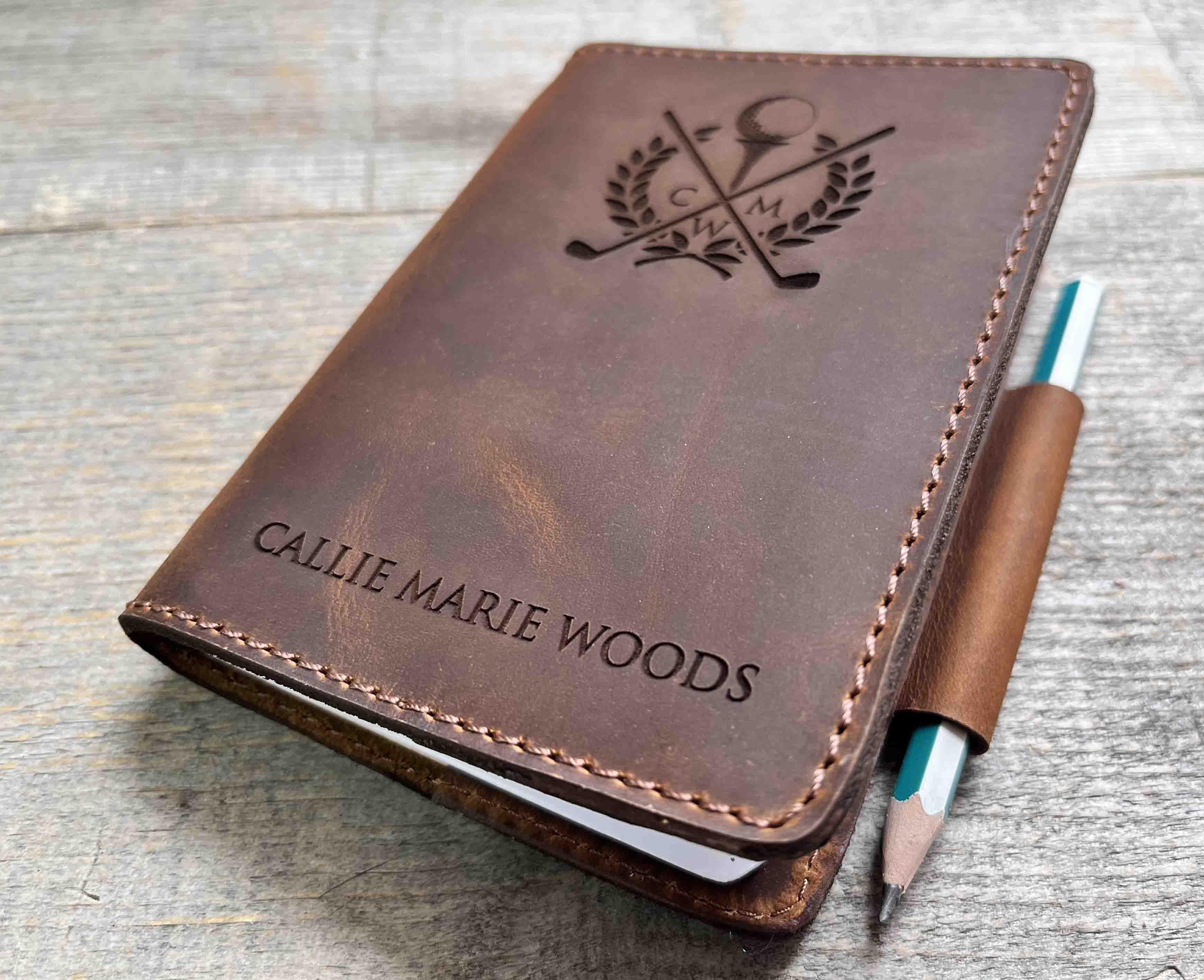 Refillable Golf Log Premium Leather Engraved.