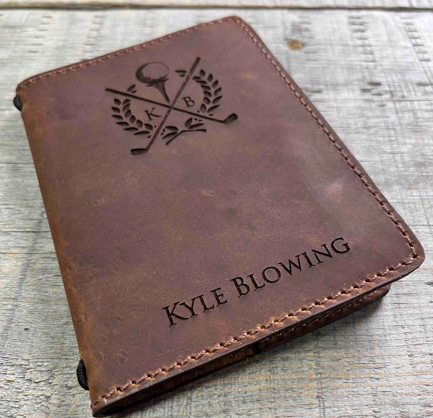 Refillable Golf Log Premium Leather Engraved.