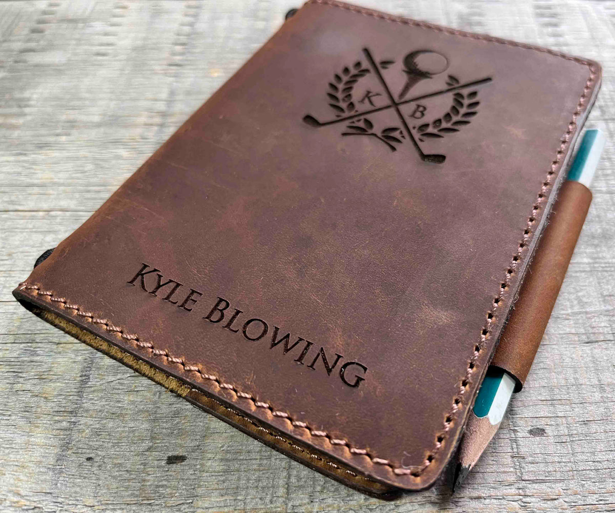 Refillable Golf Log Premium Leather Engraved.