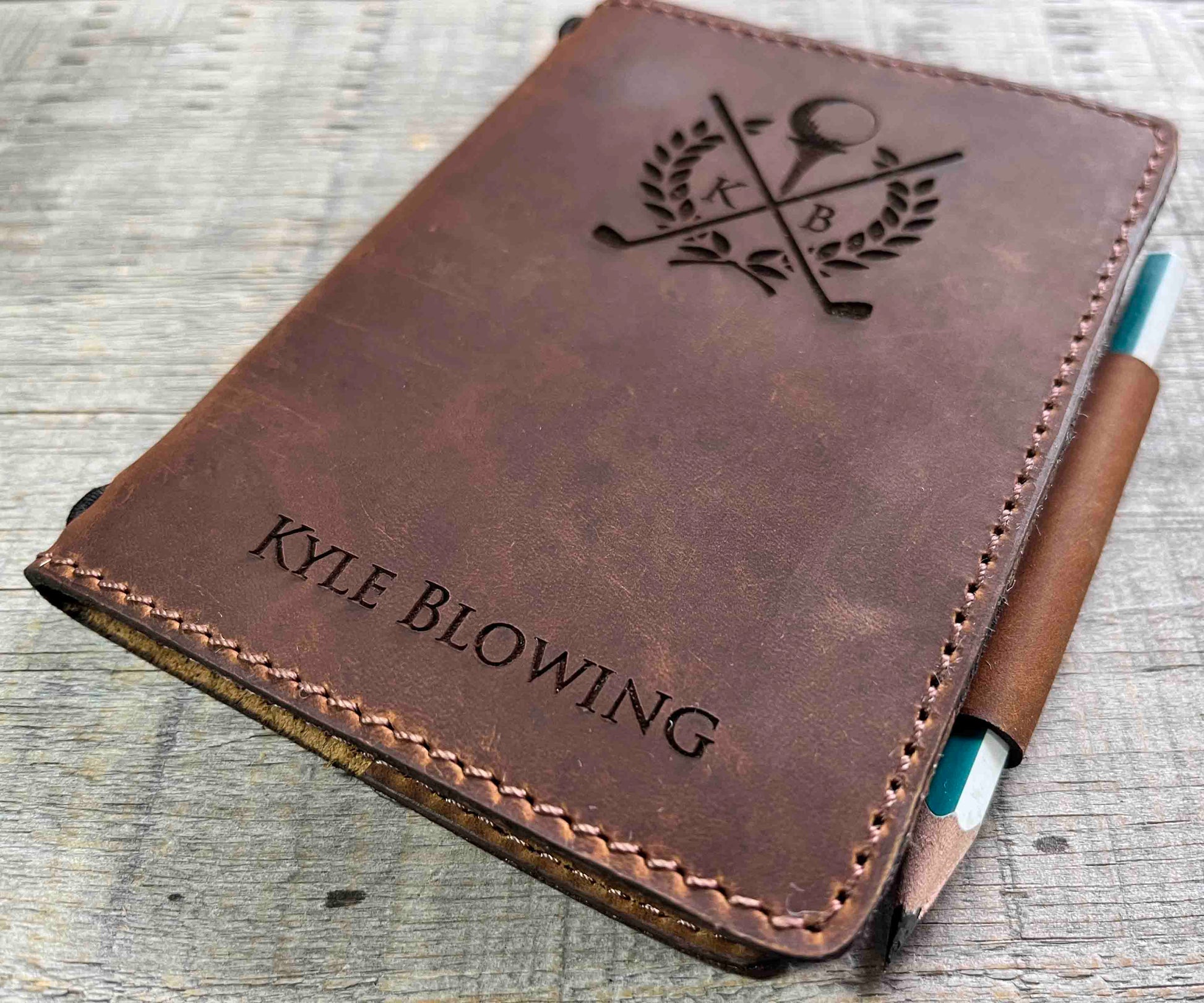 Refillable Golf Log Premium Leather Engraved.