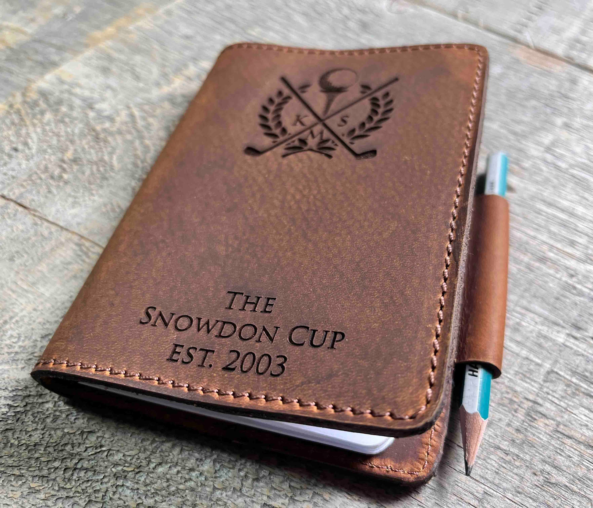 Refillable Golf Log Premium Leather Engraved.