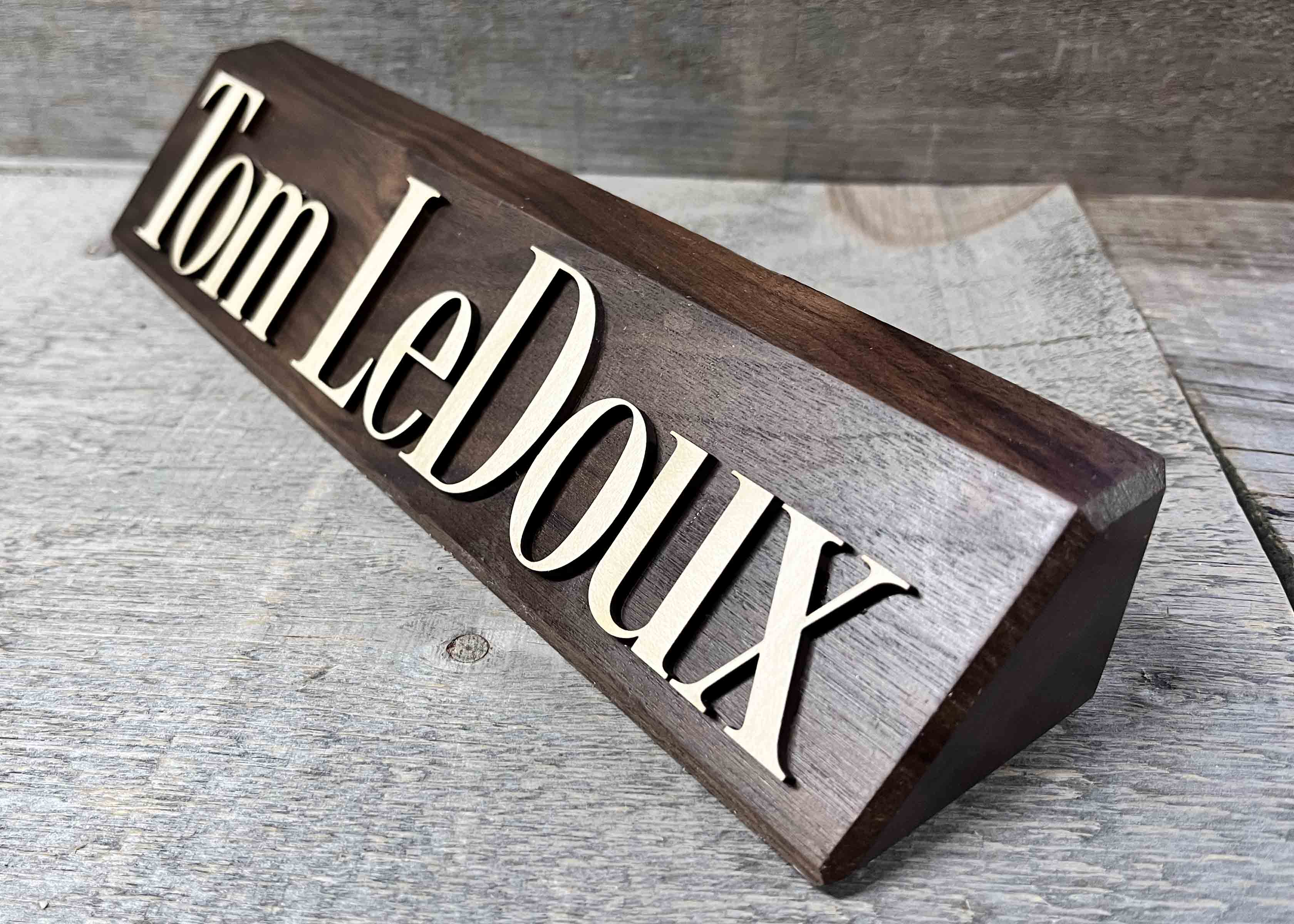3D Maple and Walnut Desk Name Plate.