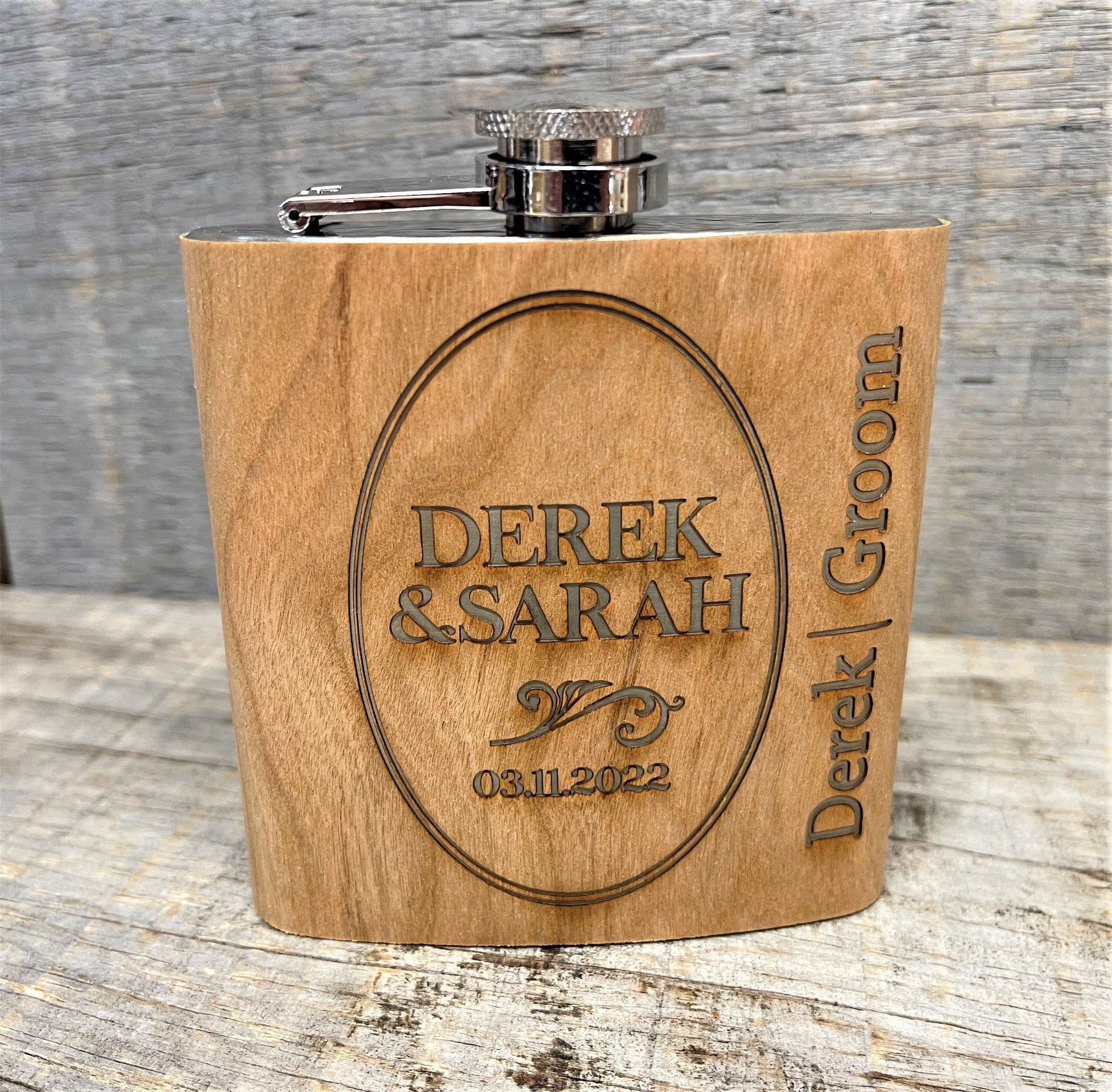 Cherry Wood Engraved Flask Design 1.