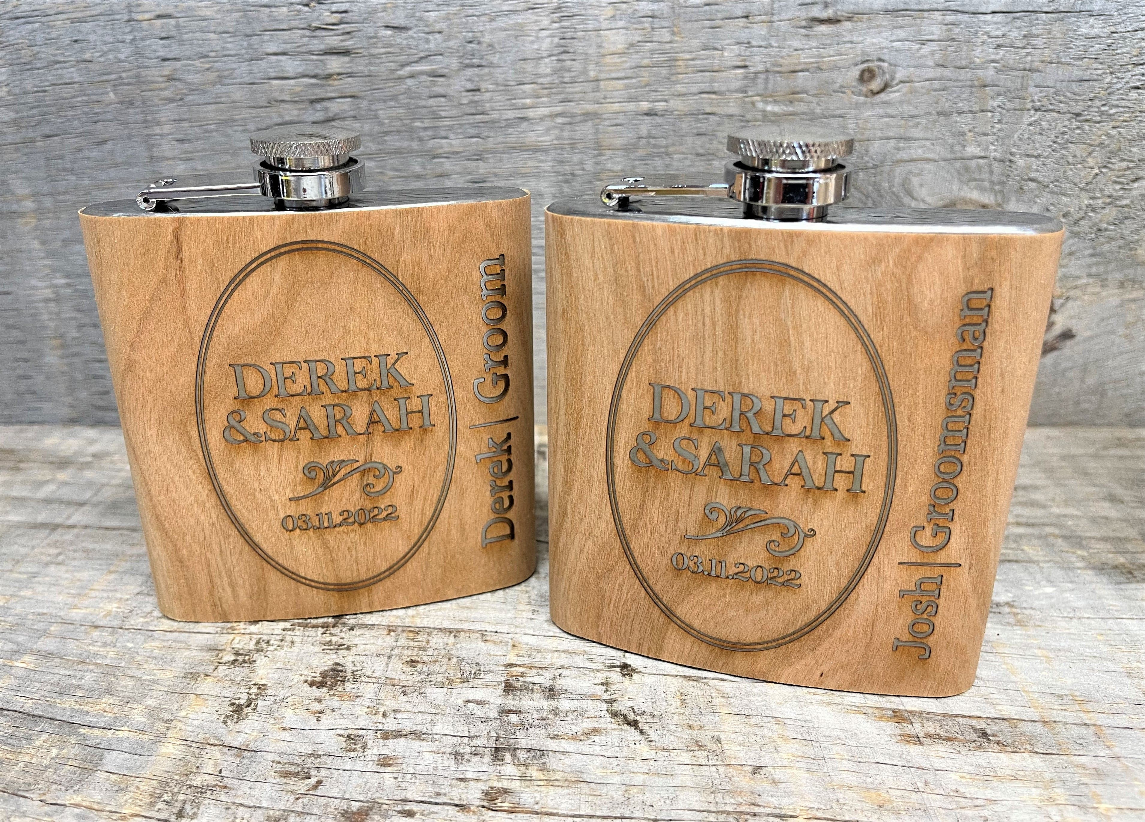 Cherry Wood Engraved Flask Design 1.
