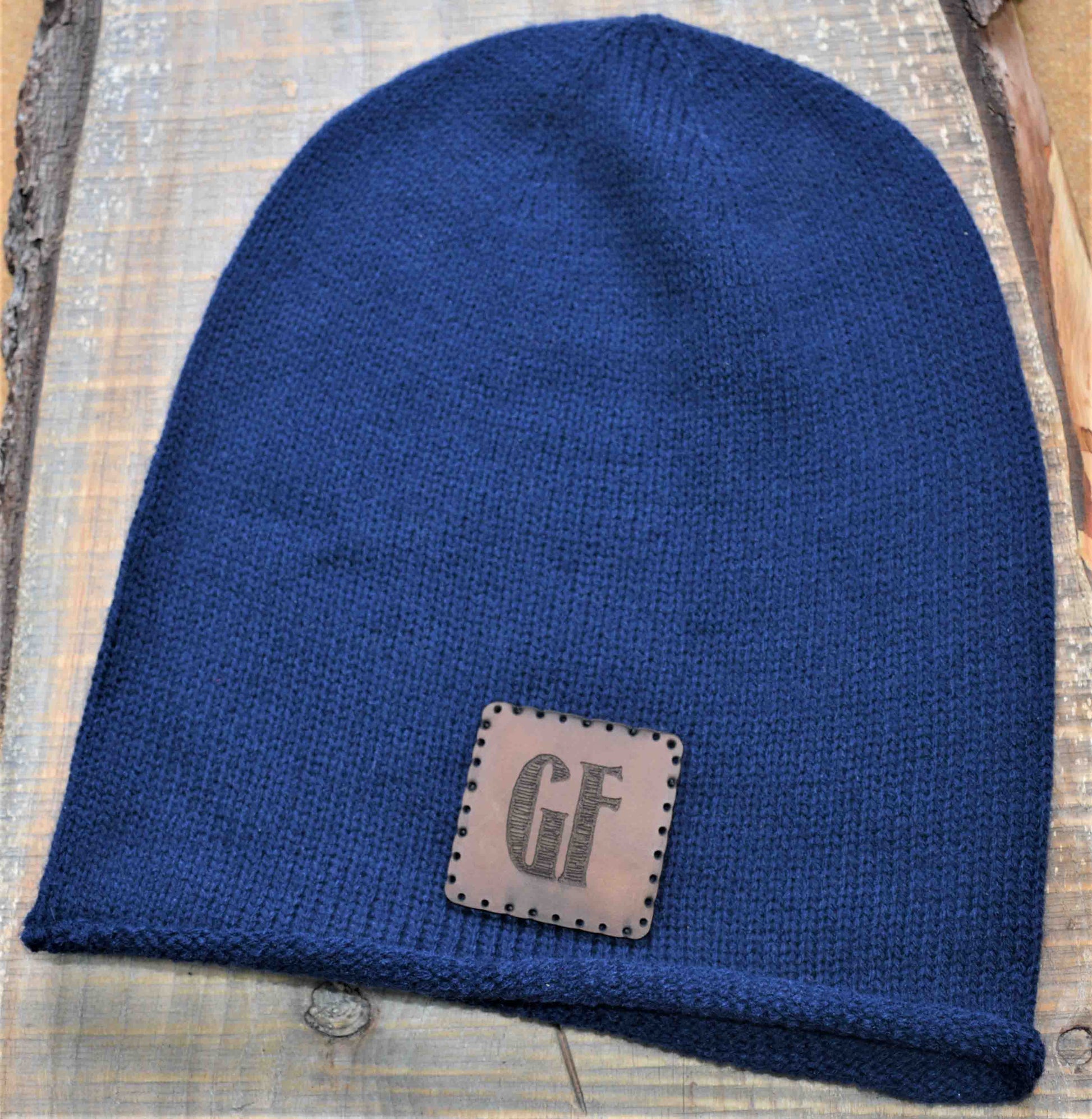 Beanie Hat with Custom Leather Patches.