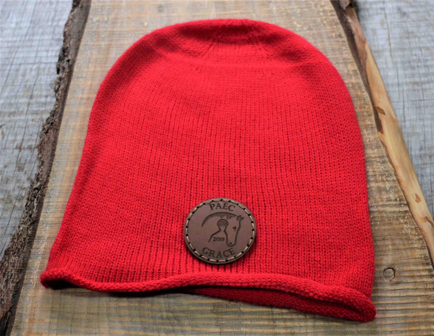 Beanie Hat with Custom Leather Patches.