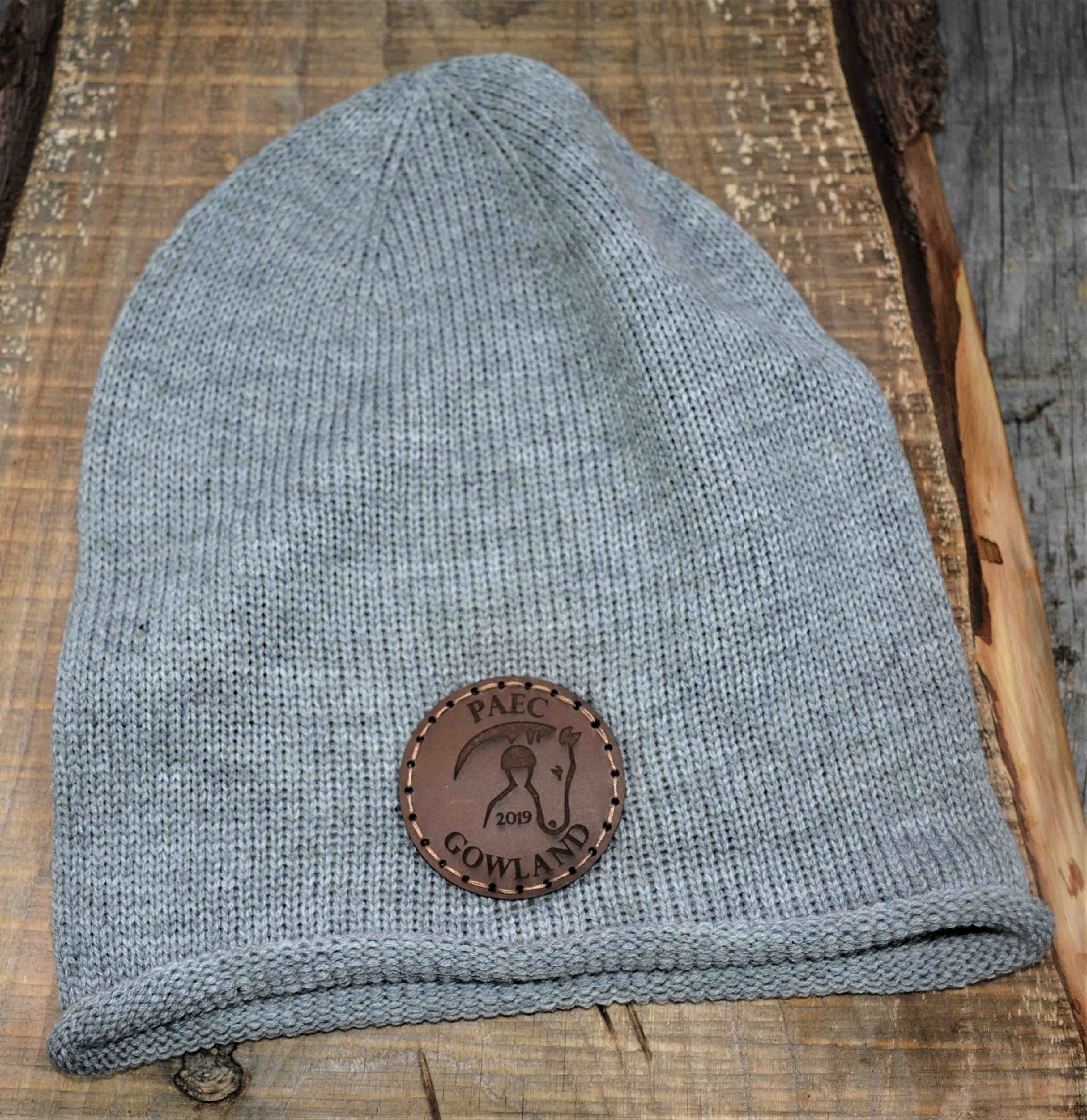 Beanie Hat with Custom Leather Patches.
