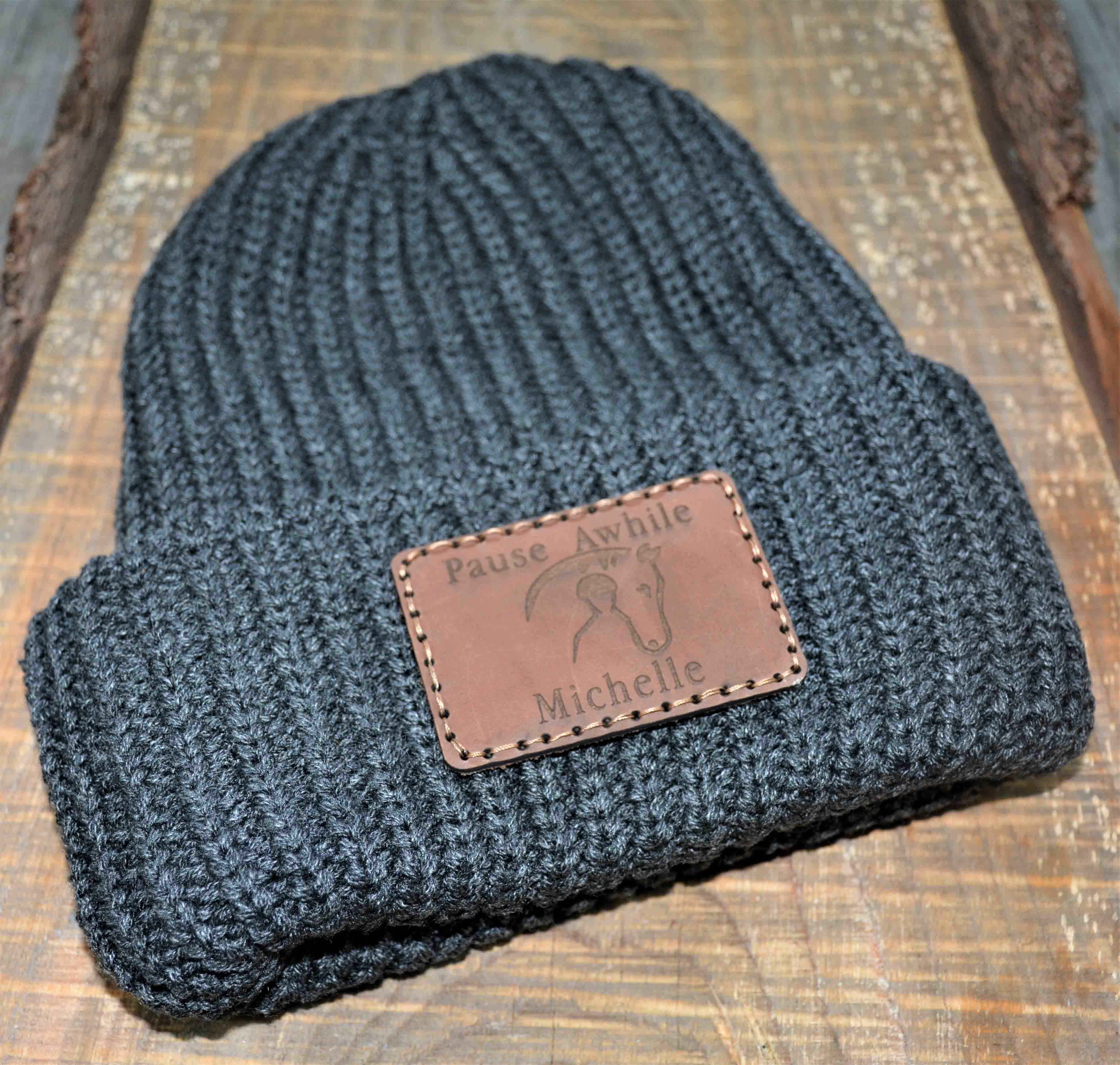 Chunky Knit Hat with Custom Leather Patches.