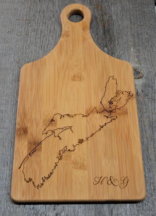 Bamboo Paddle Shape Cutting Board - Province, State, or Country outline.