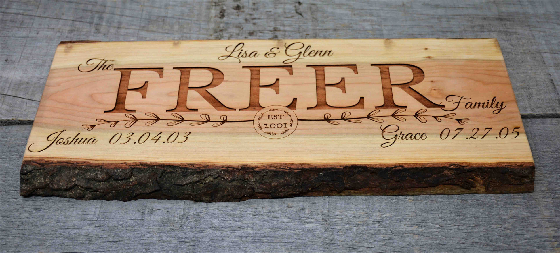 Cherry Wood Custom Signs: Family Name and Dates.