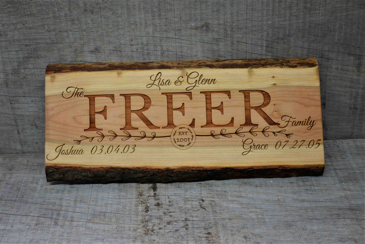 Cherry Wood Custom Signs: Family Name and Dates.
