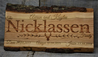 Cherry Wood Custom Signs: Family Name and Dates.