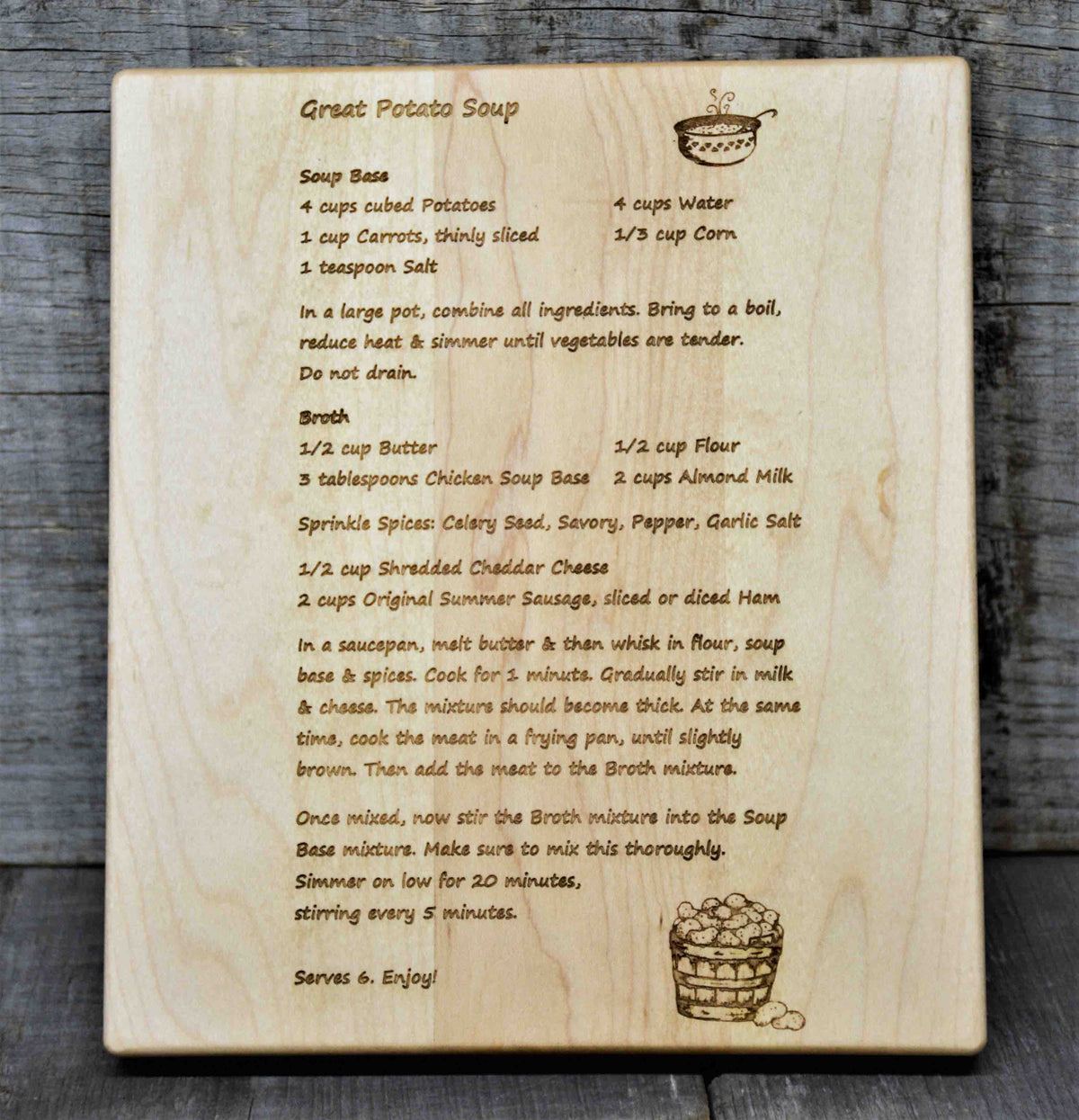 Recipe Engraved MINI WOOD CUTTING BOARD WITH ROUNDED CORNERS AND EDGES 7" X 8" X ¾".