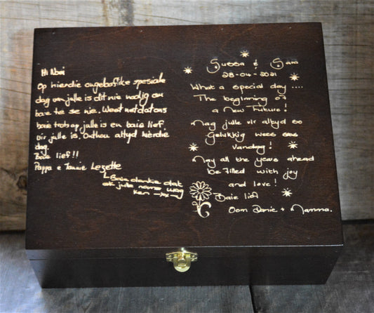 Handwriting Engraved into Premium Wooden Gift Box Hinged Lid With Clasp.