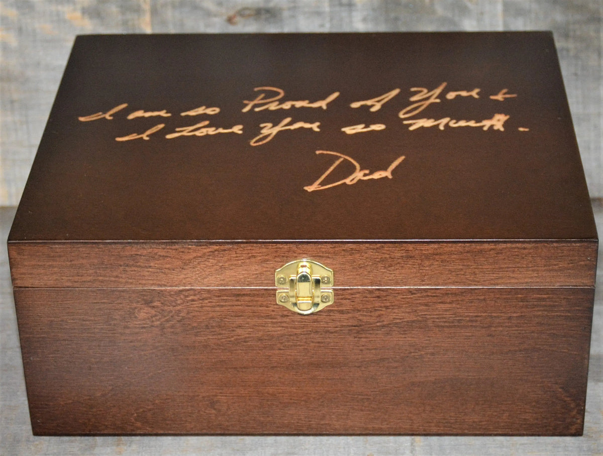 Handwriting Engraved into Premium Wooden Gift Box Hinged Lid With Clasp.
