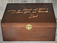 Handwriting Engraved into Premium Wooden Gift Box Hinged Lid With Clasp.