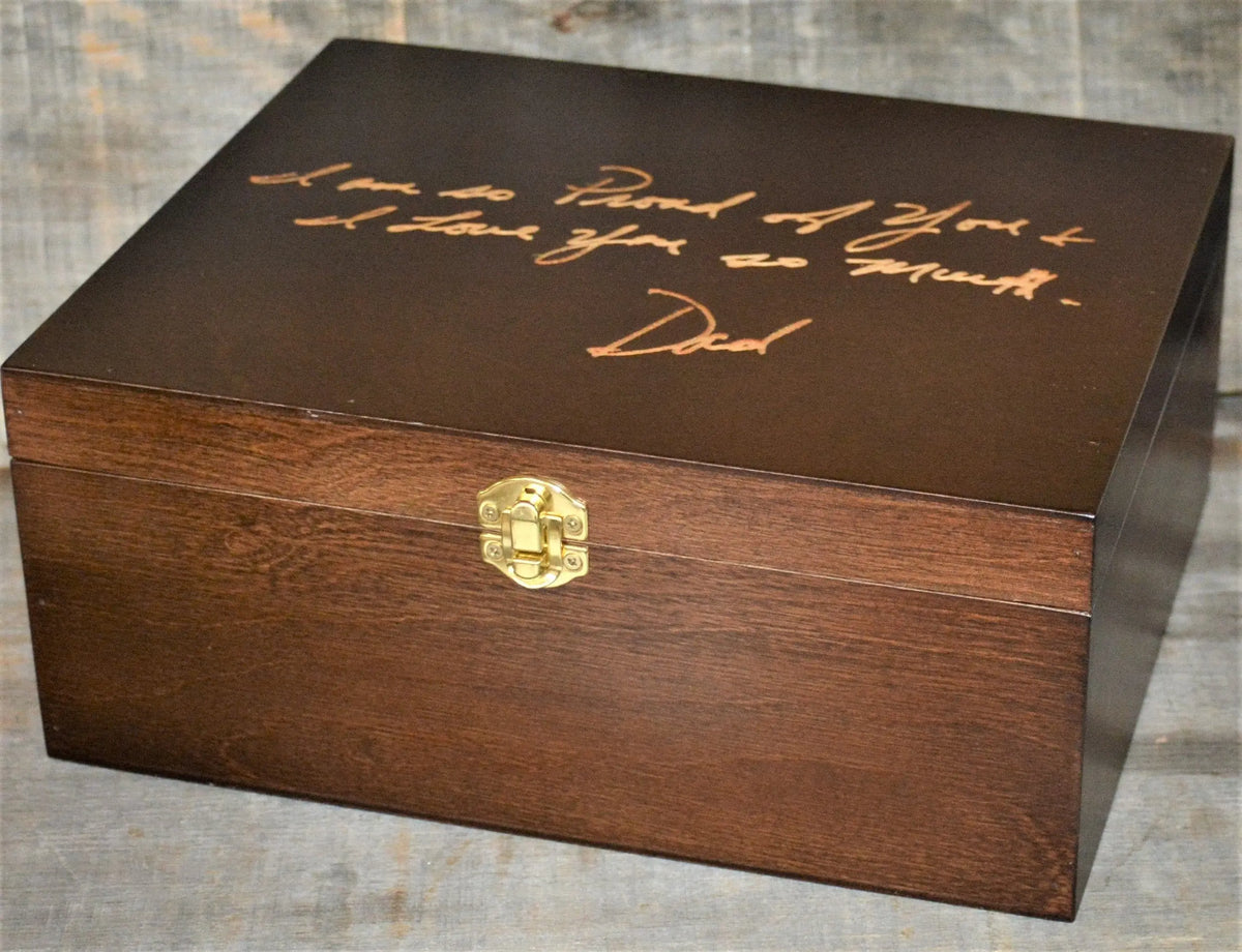 Handwriting Engraved into Premium Wooden Gift Box Hinged Lid With Clasp.