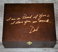 Handwriting Engraved into Premium Wooden Gift Box Hinged Lid With Clasp.