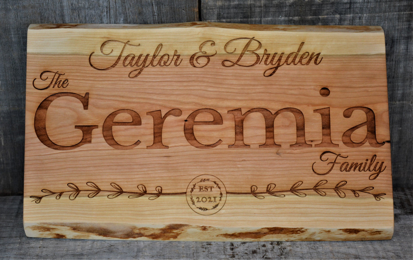 Cherry Wood Custom Signs: Family Name and Dates.