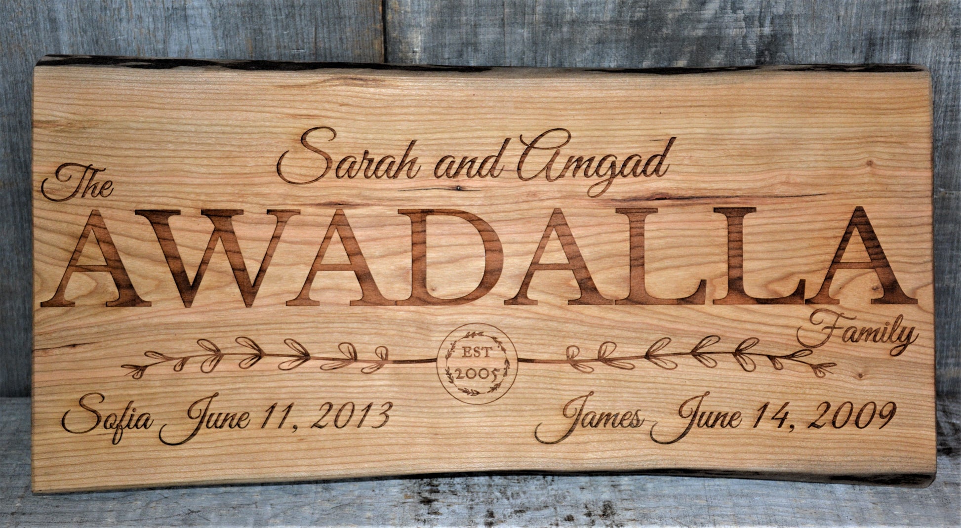 Cherry Wood Custom Signs: Family Name and Dates.