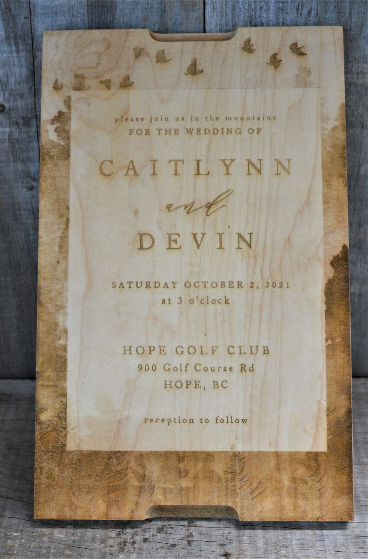 Wedding Invitation Engraved into Custom Solid Maple Cutting Board.