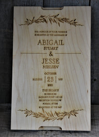 Wedding Invitation Engraved into Custom Solid Maple Cutting Board.