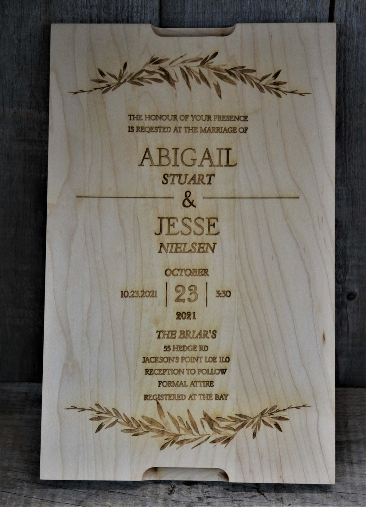 Wedding Invitation Engraved into Custom Solid Maple Cutting Board.