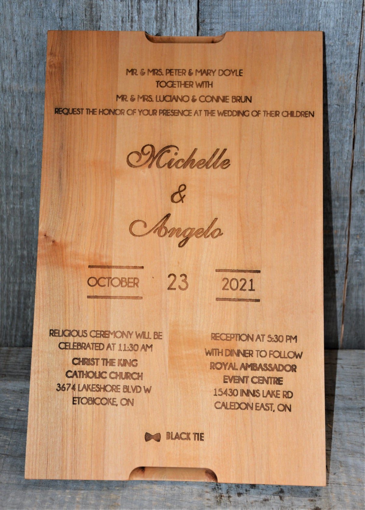 Wedding Invitation Engraved into Custom Solid Maple Cutting Board.
