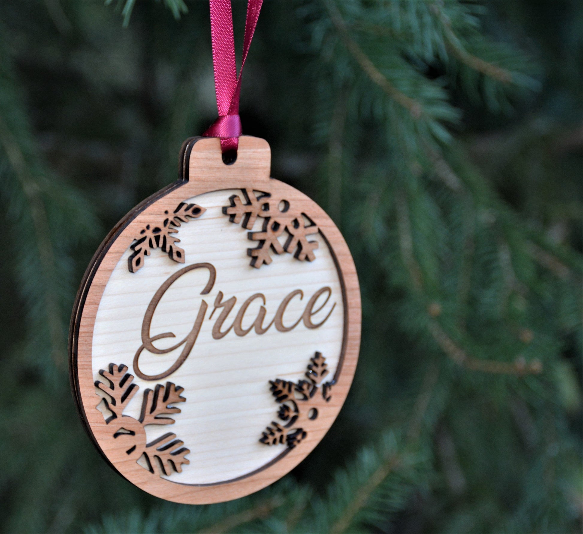 Name Engraved into Snowflake Ornament.