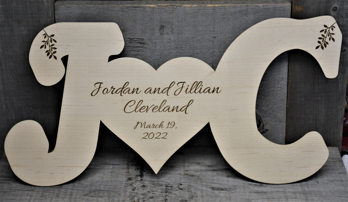Initials With Heart cut from Maple.