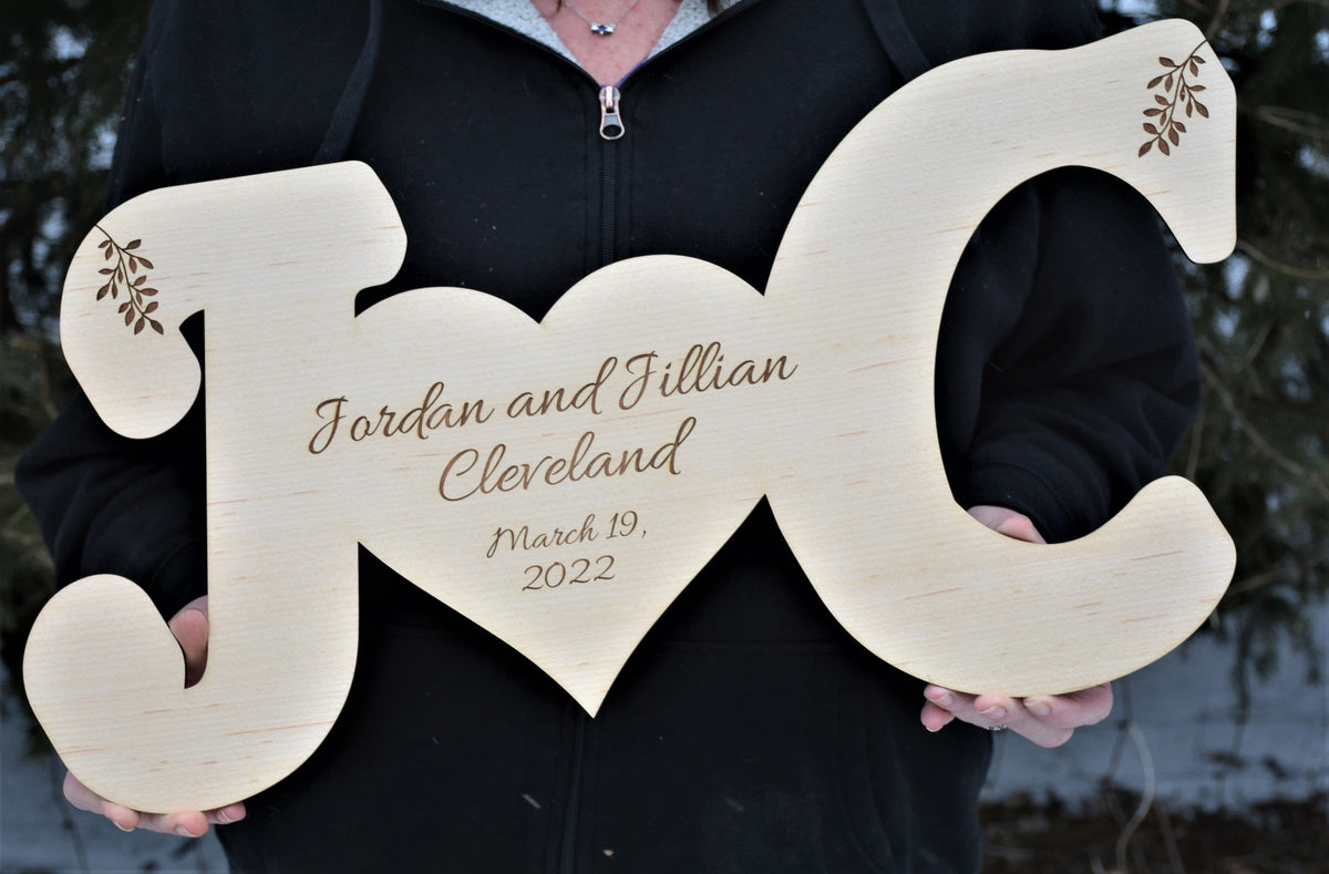 Initials With Heart cut from Maple.