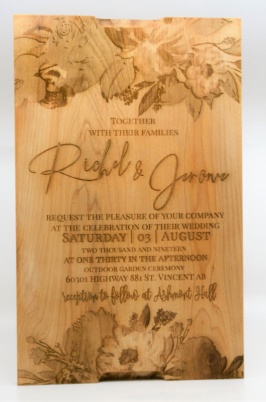 Wedding Invitation Engraved into Custom Solid Maple Cutting Board.