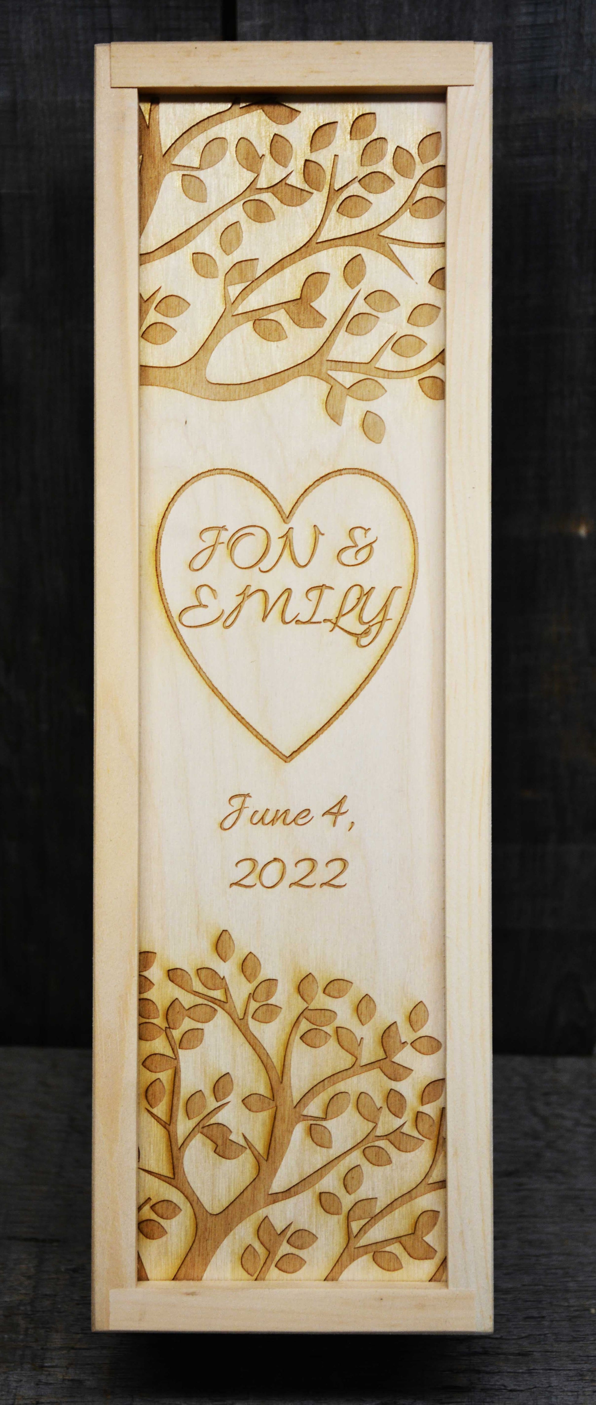 Custom Engraved Pine Wine Boxes - Design 28 Trees and Heart.