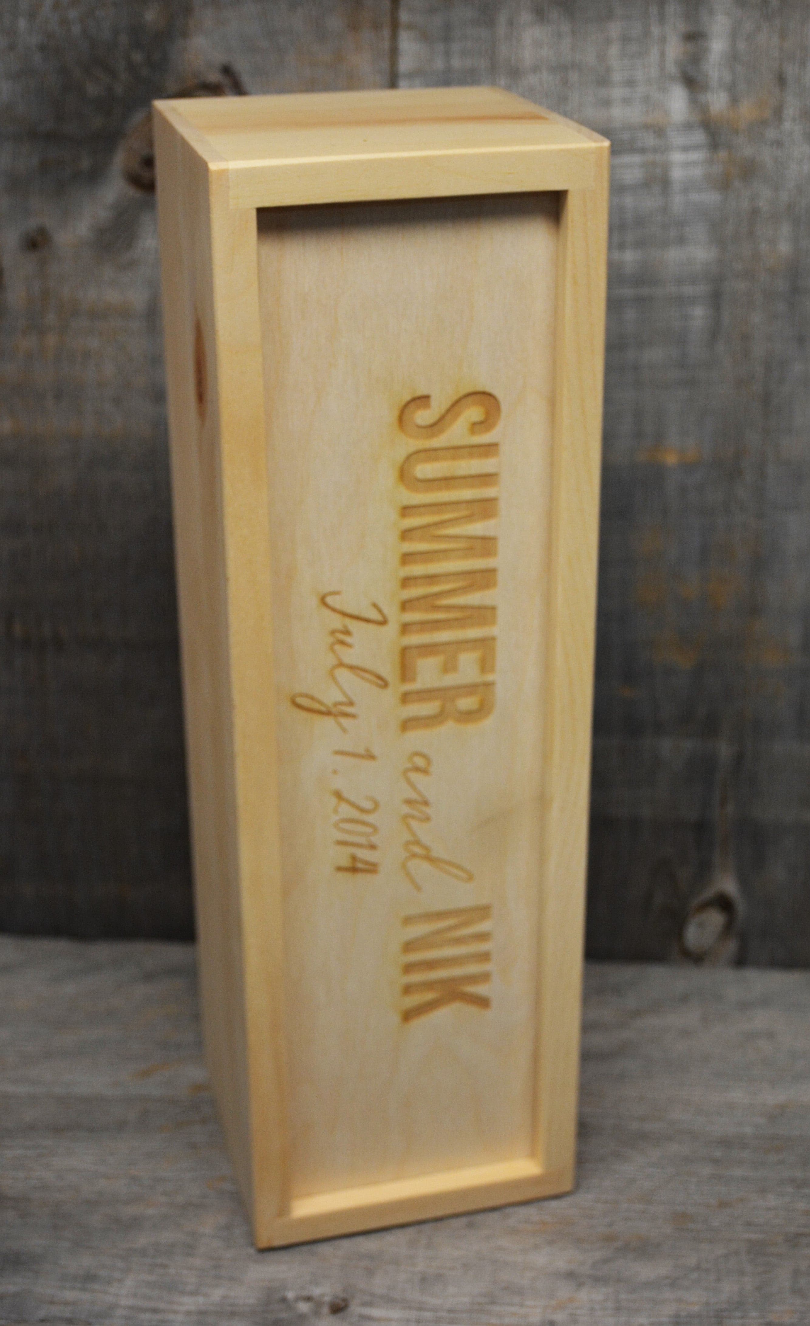 Custom Engraved Pine Wine Boxes - Design 29 Names and Date.