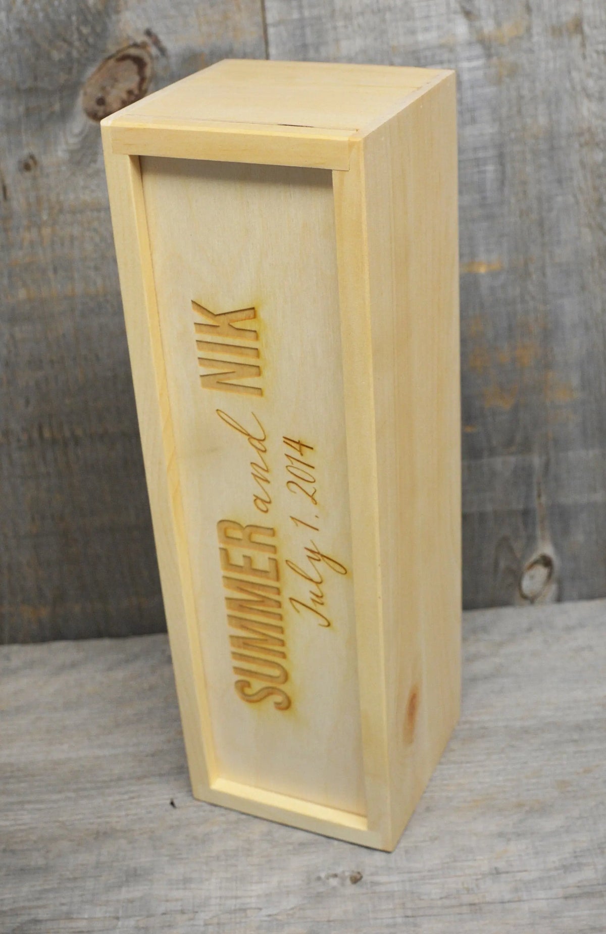 Custom Engraved Pine Wine Boxes - Design 29 Names and Date.