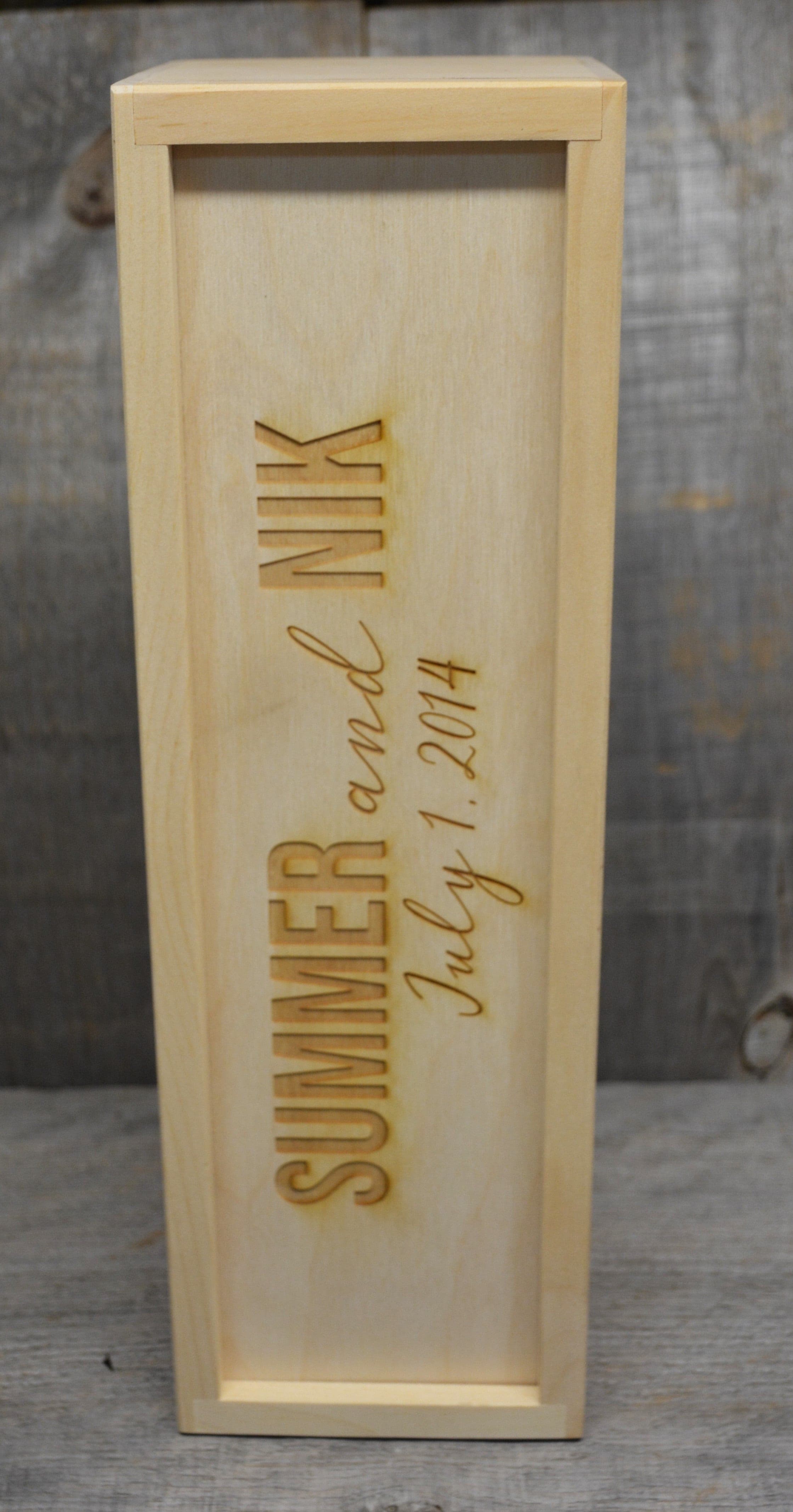 Custom Engraved Pine Wine Boxes - Design 29 Names and Date.
